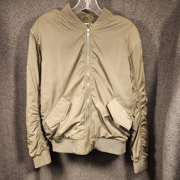 H&M Olive Army Green Satin Bomber Jacket Earthy Gremlincore Goblincore 6 FLAWED - Picture 1 of 12